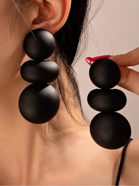 Matte Black Triple Orb Statement Earrings - Women Jewelry